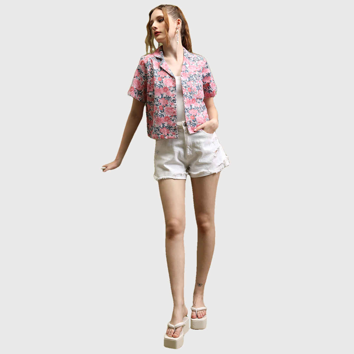 Tokyo Talkies Women's Printed Crop Shirt Top | Pink Beige Multicolour - L