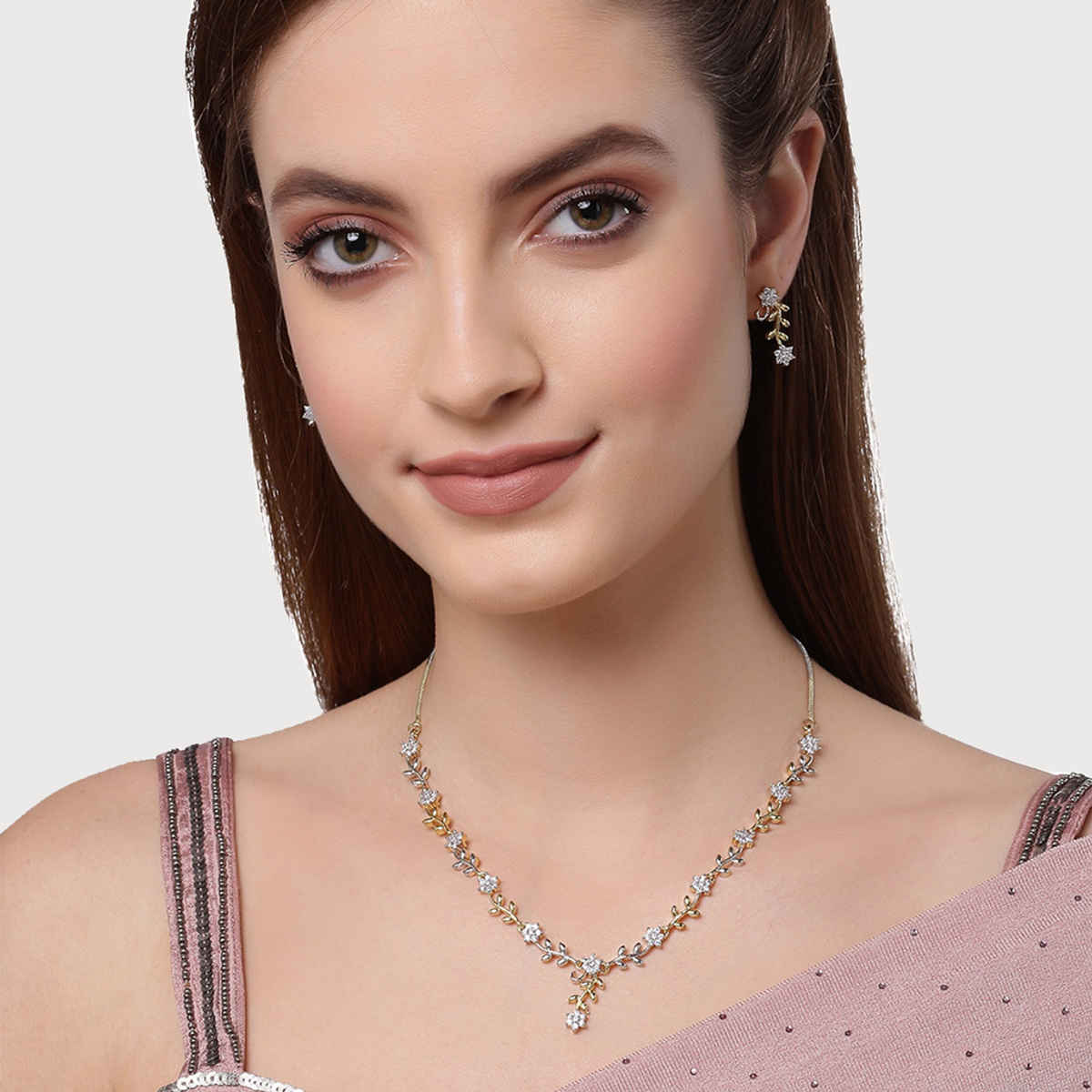 Zeneme Gold-Plated Silver-Toned White AD-Studded Leaf & Flower Shaped Jewellery Set For Women