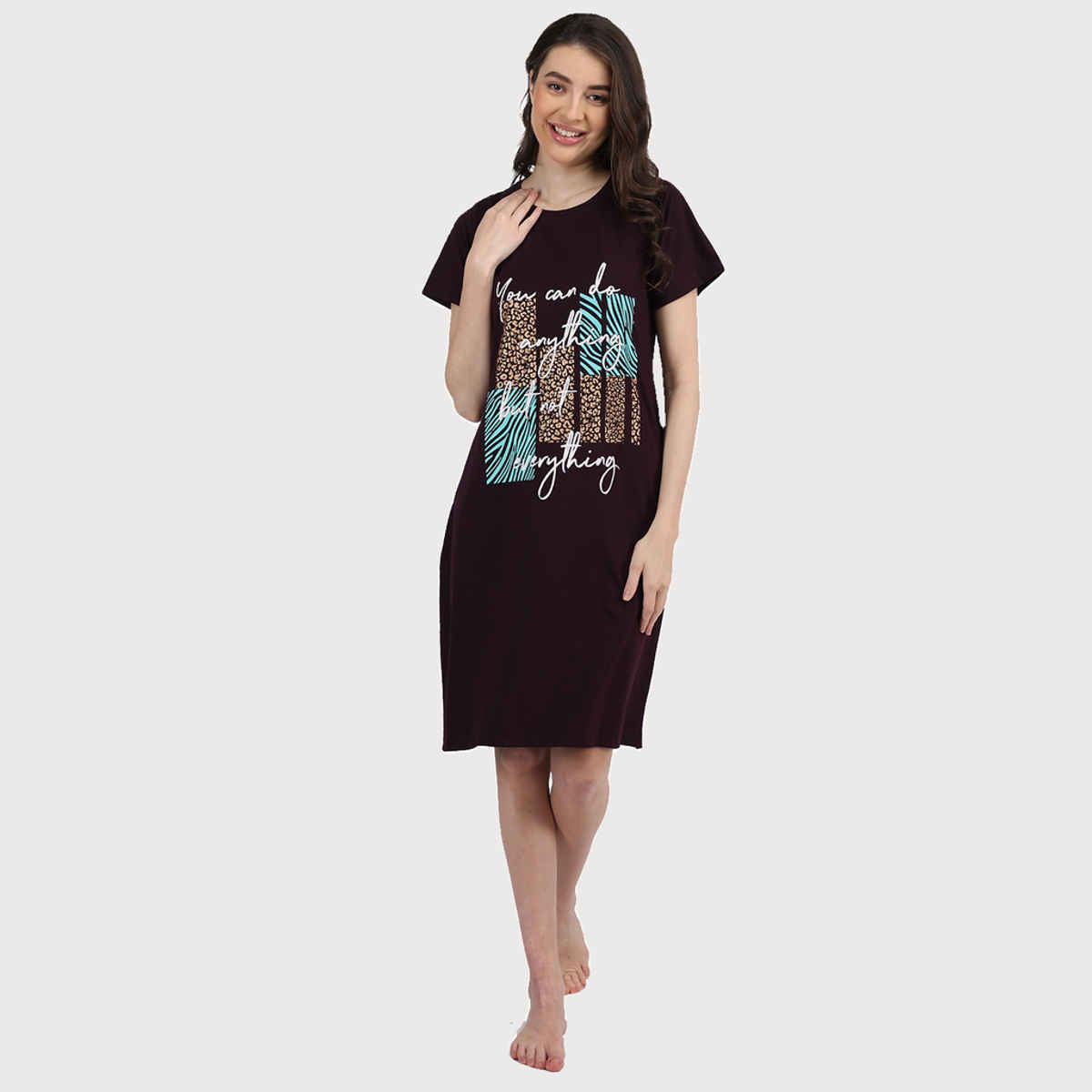 Duchess Women's Cotton Blend Printed Knee Length Nighty | Wine - M