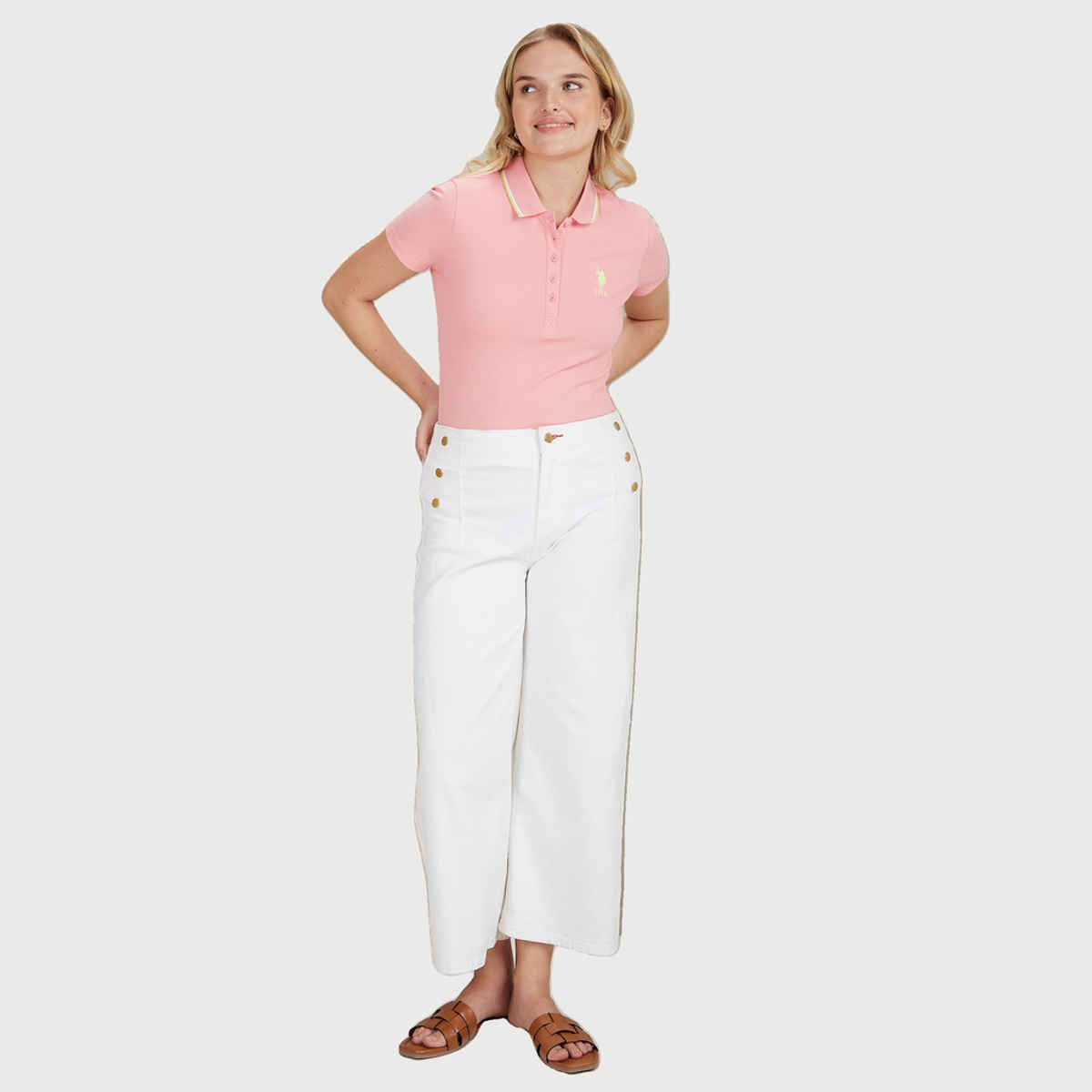 USPA Tipped Collar Cotton Stretch Polo Tshirt For Women Shirt - Flamingo Pink - M
