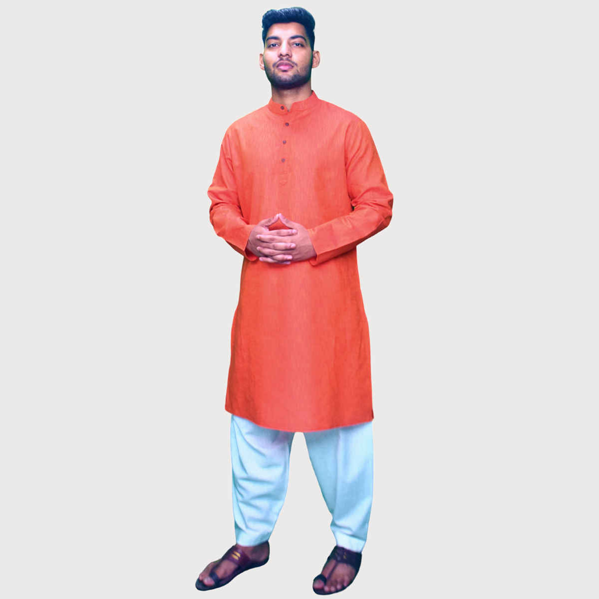 EQL Men's Cotton Linen Button Placket Long Kurta for Men | Red - XXL