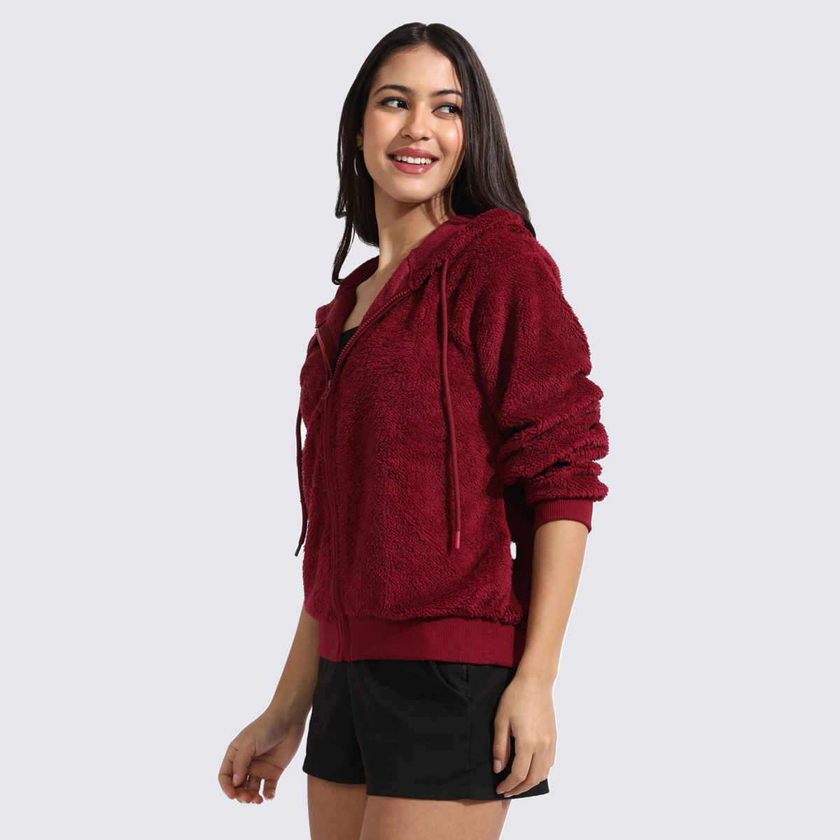 Campus Sutra Women's Zip-Front Fleece Hoodie | Carmine Red - XL