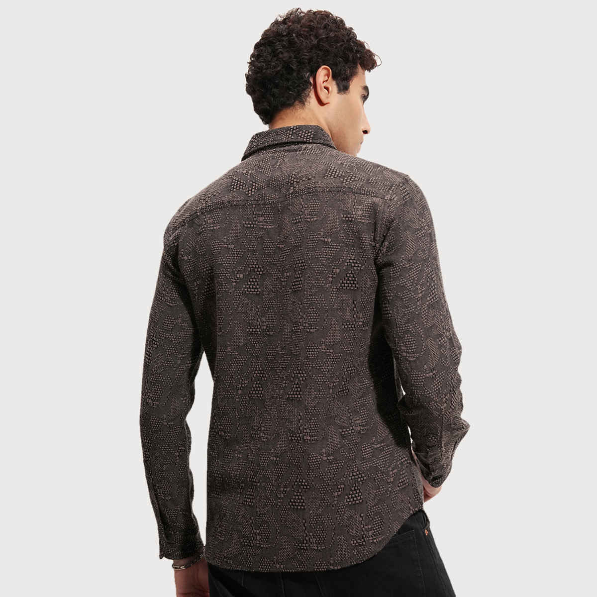 HIGHLANDER Men's Abstract Jaquard Casual Slim Fit Shirt | Coffee and Brown - L