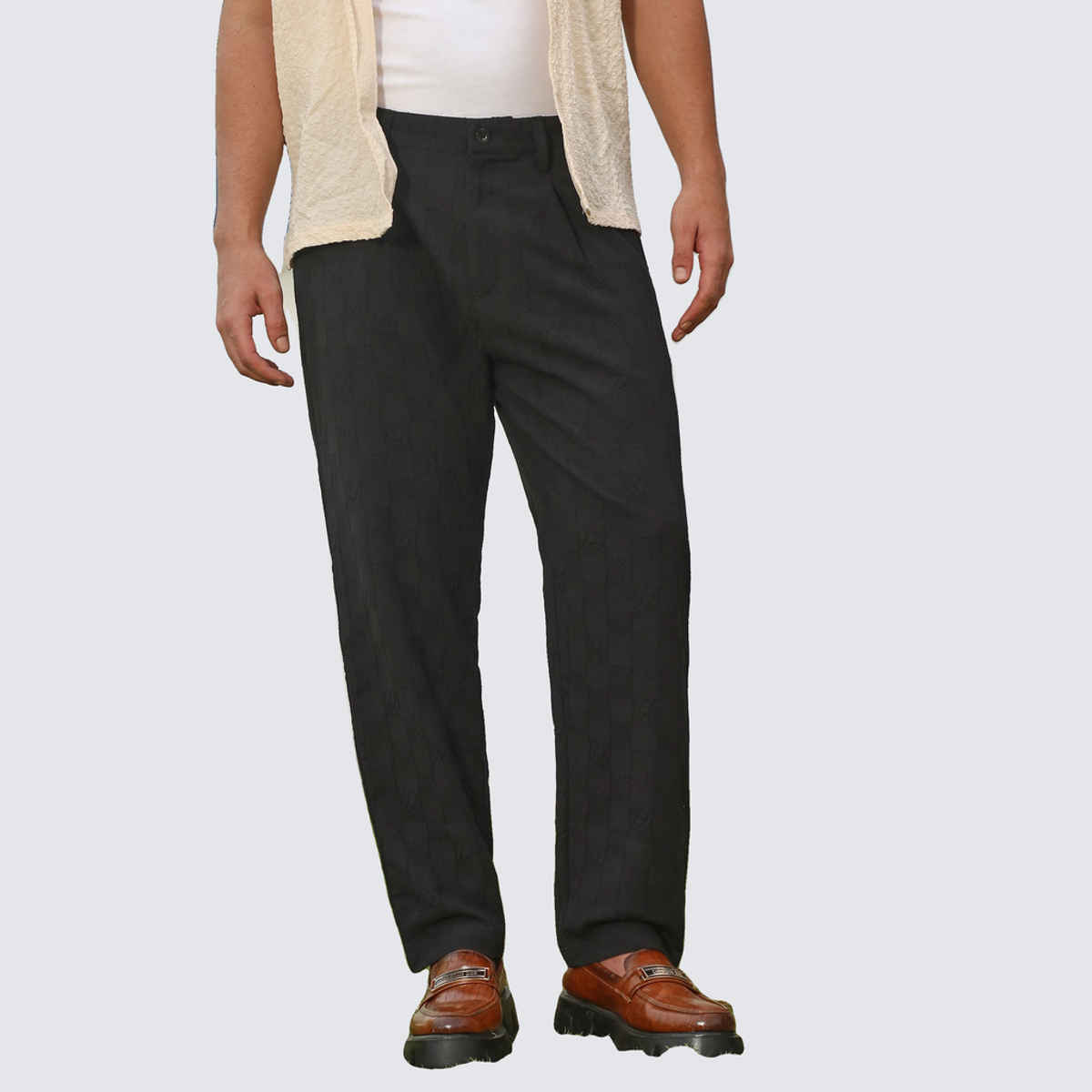 Campus Sutra Men's Creased-Check Trousers | Black - 34