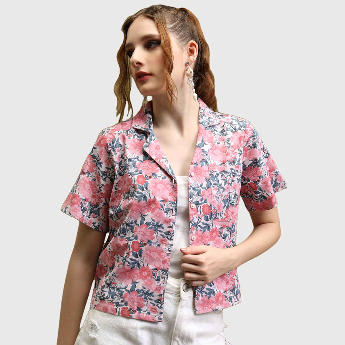 Tokyo Talkies Women's Printed Crop Shirt Top | Pink Beige Multicolour - L