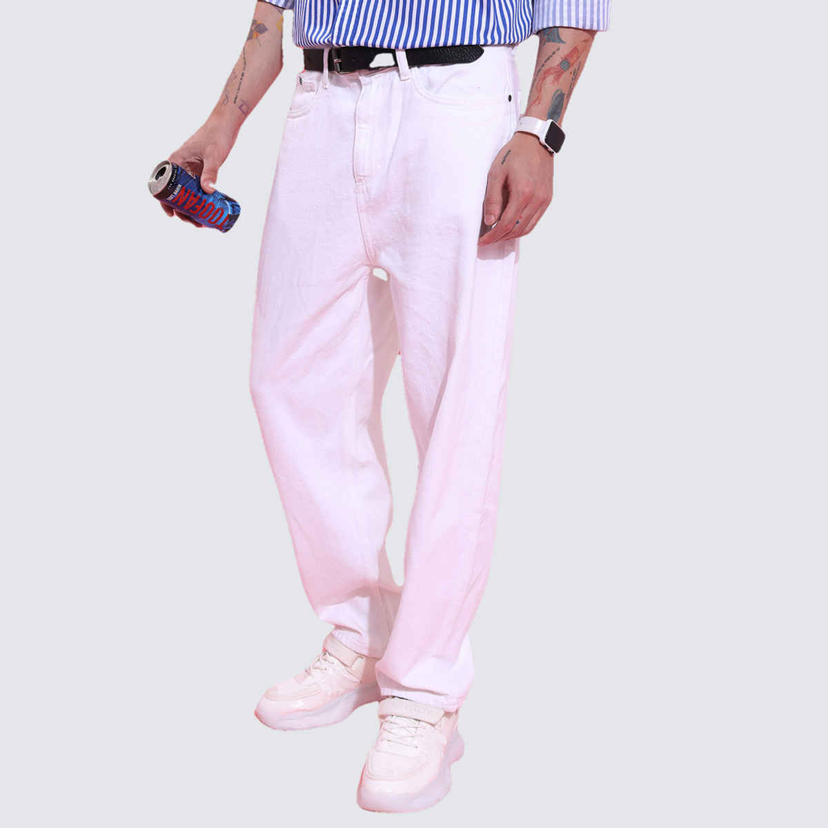 Highlander Men's Drop Crotch Loose Fit Stretchable Jeans | White - 30