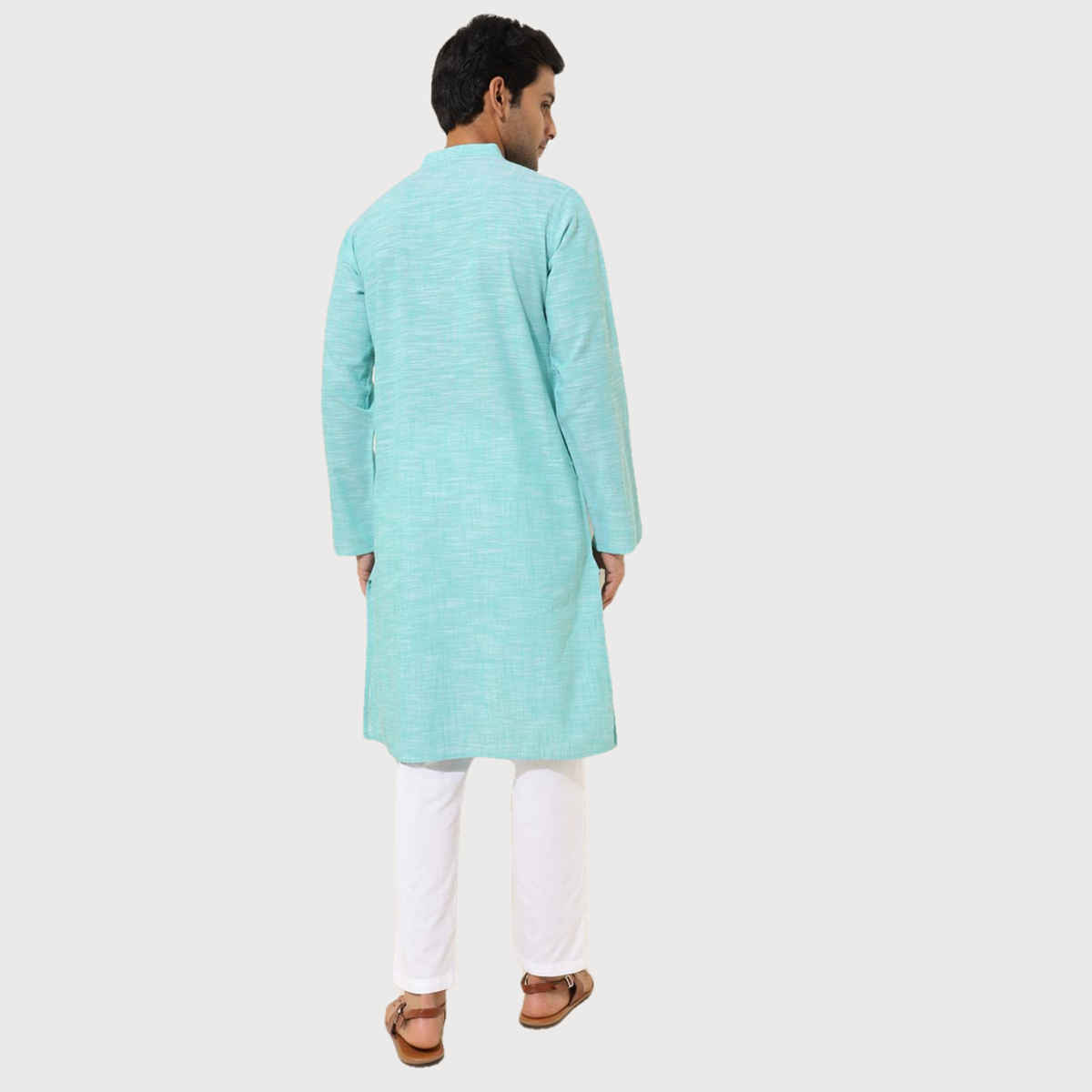 Fabindia Men's Long Kurta Slim Fit Woven | Teal - M