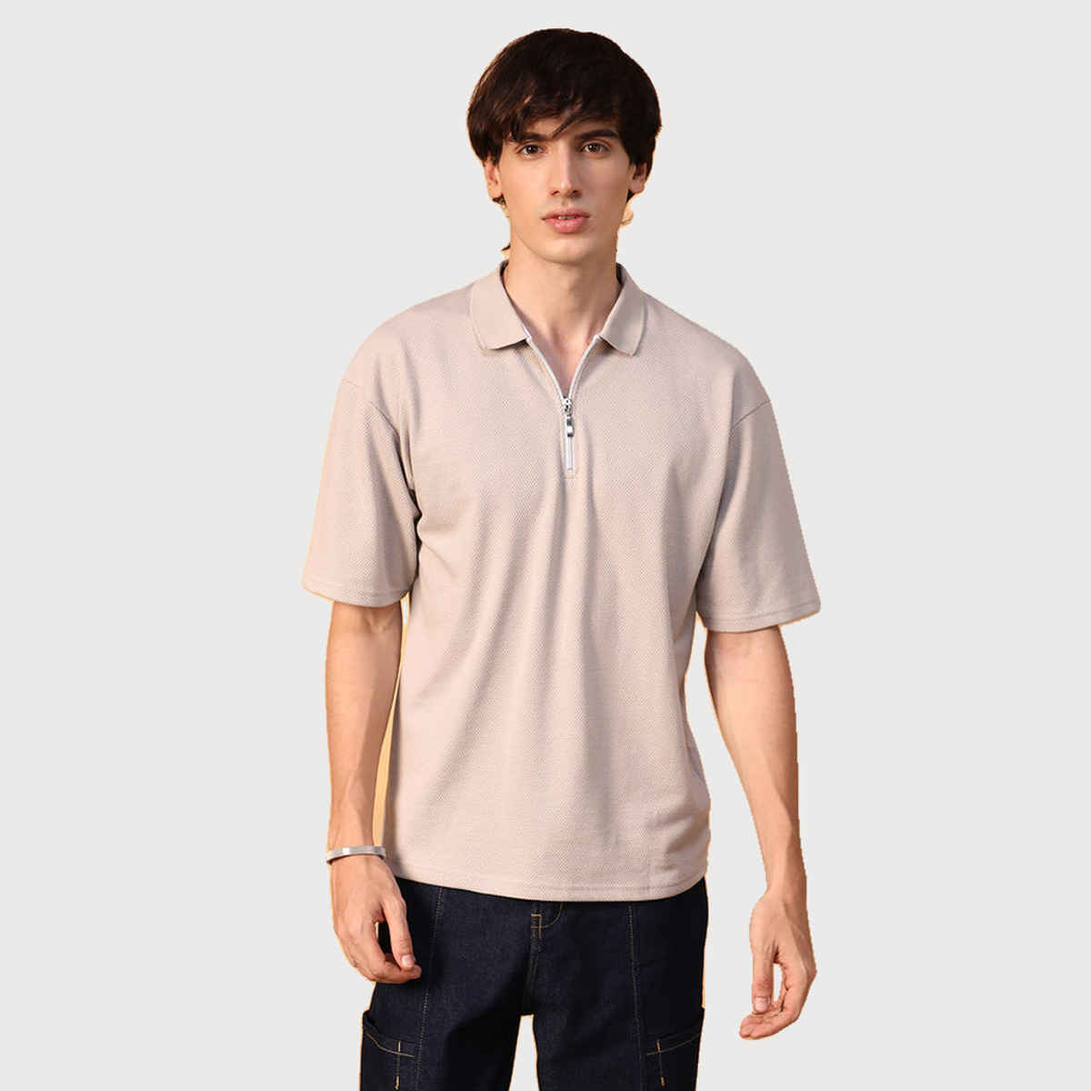 Campus Sutra Men's Solid Oversized Polo T-shirt | Beige - XL
