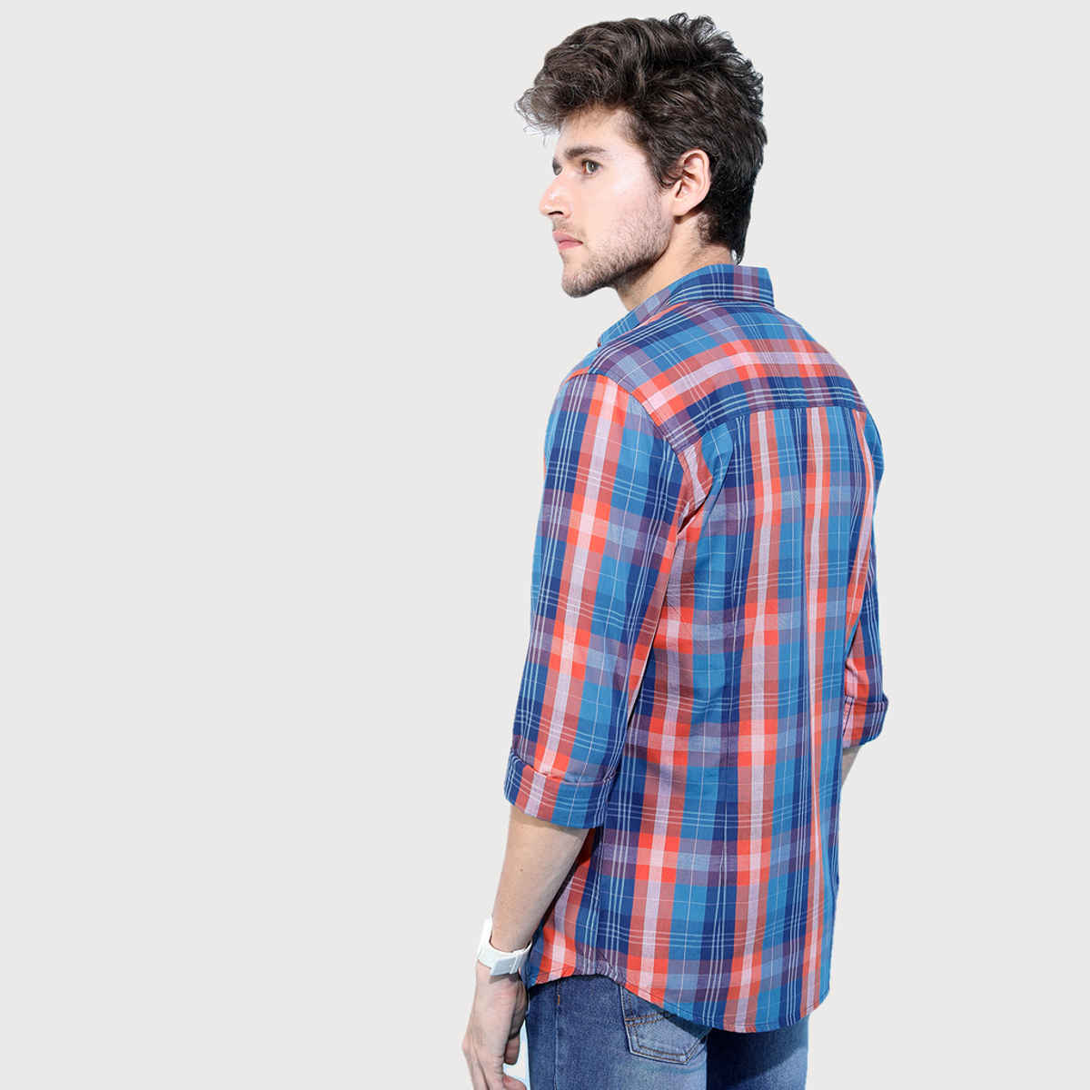HIGHLANDER Men's Slim Fit Checked Casual Shirt | Blue and Orange - M