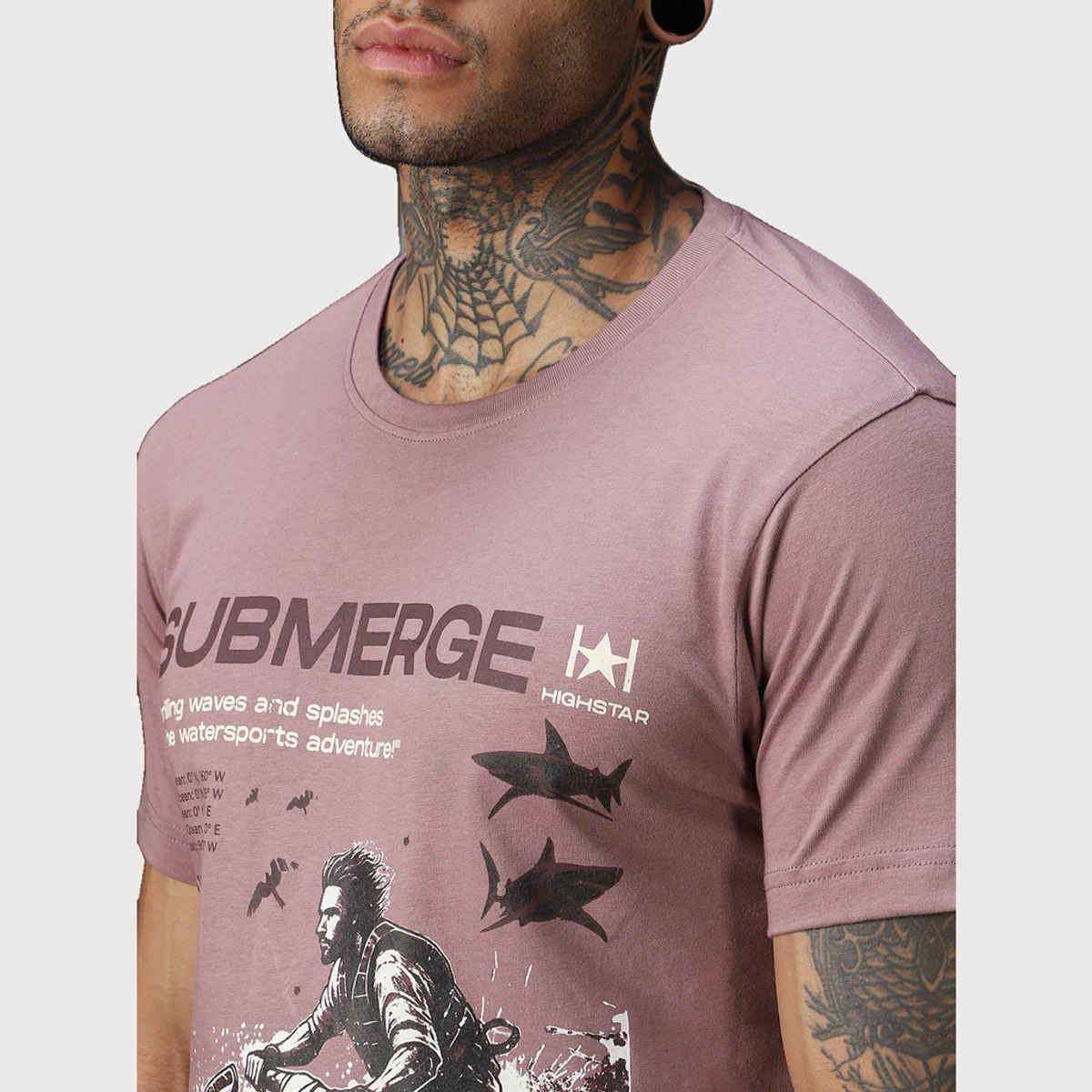 High Star Men's Moto Sports Printed Cotton Regular Fit T-Shirt | Mauve - L