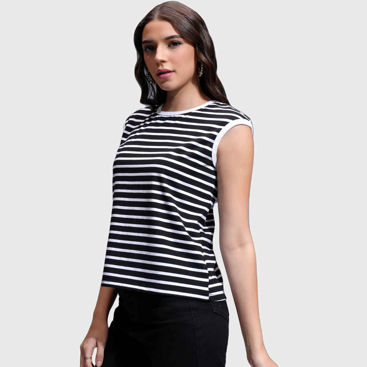 Tokyo Talkies Women's Striped Regular Fit Sleeveless Top | Black & White - L