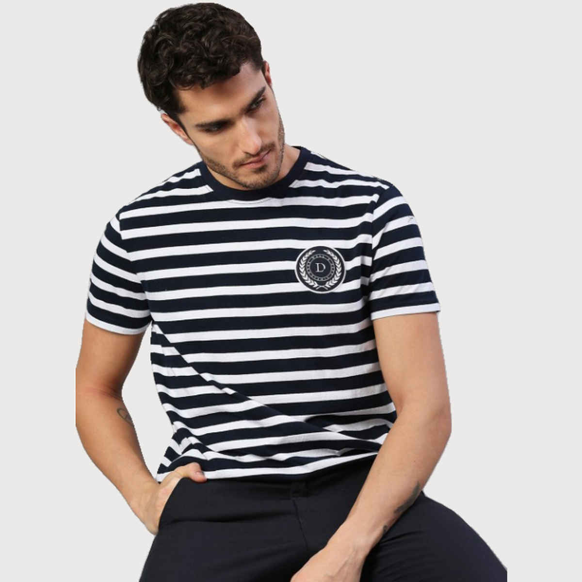 Dennis Lingo Men'striped Half Sleeve Casual T-shirt | Navy | M