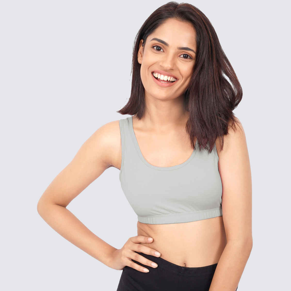 D'Chica Double-Layer Broad Strap Cotton Sports Bra | Non Padded | White & Grey | M