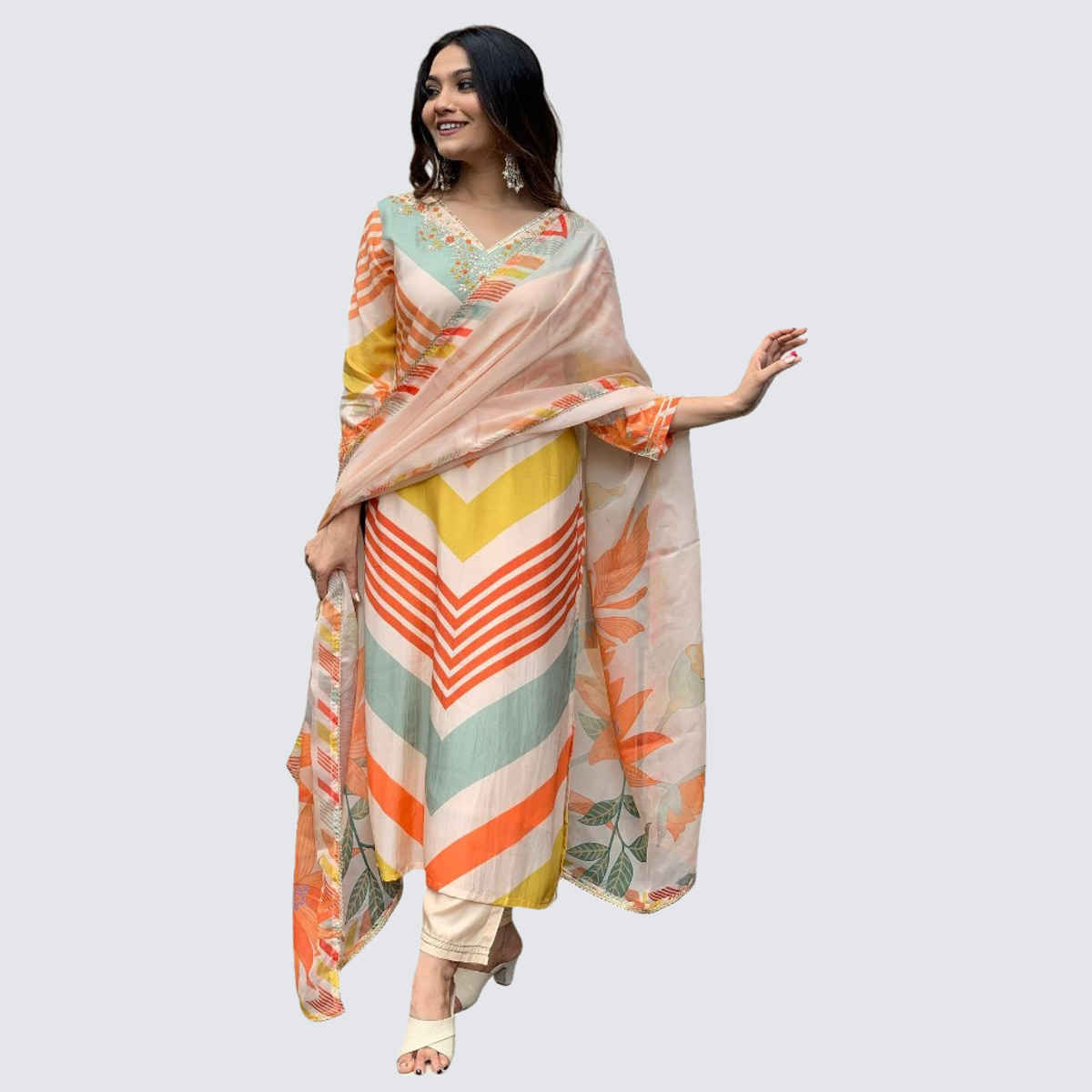 GoSriKi Women's Viscose Rayon Straight Printed Kurta with Pant & Dupatta | Cream - L