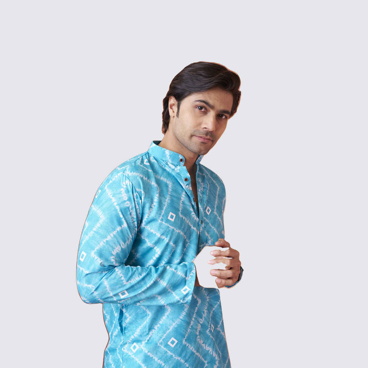 House Of Festivals Men's Printed Cotton Blend Tie & Die Look Long Kurta | Blue - L