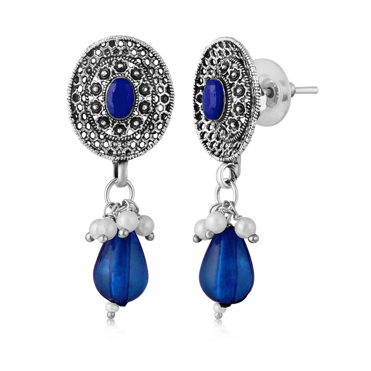 Peora Silver Plated Rhodium Studded Necklace Drop Earrings Set | White & Blue | PF04NK10328RWB