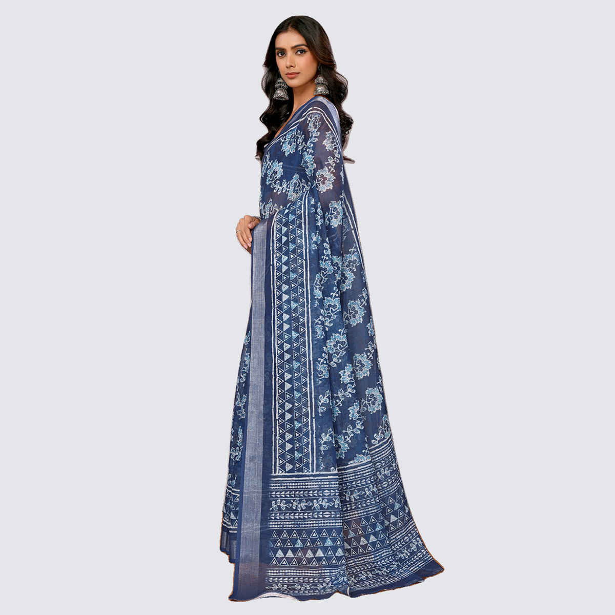 Janasya Women's Cotton Linen Floral Printed Saree with Blouse Piece | SAR444 | Navy Blue