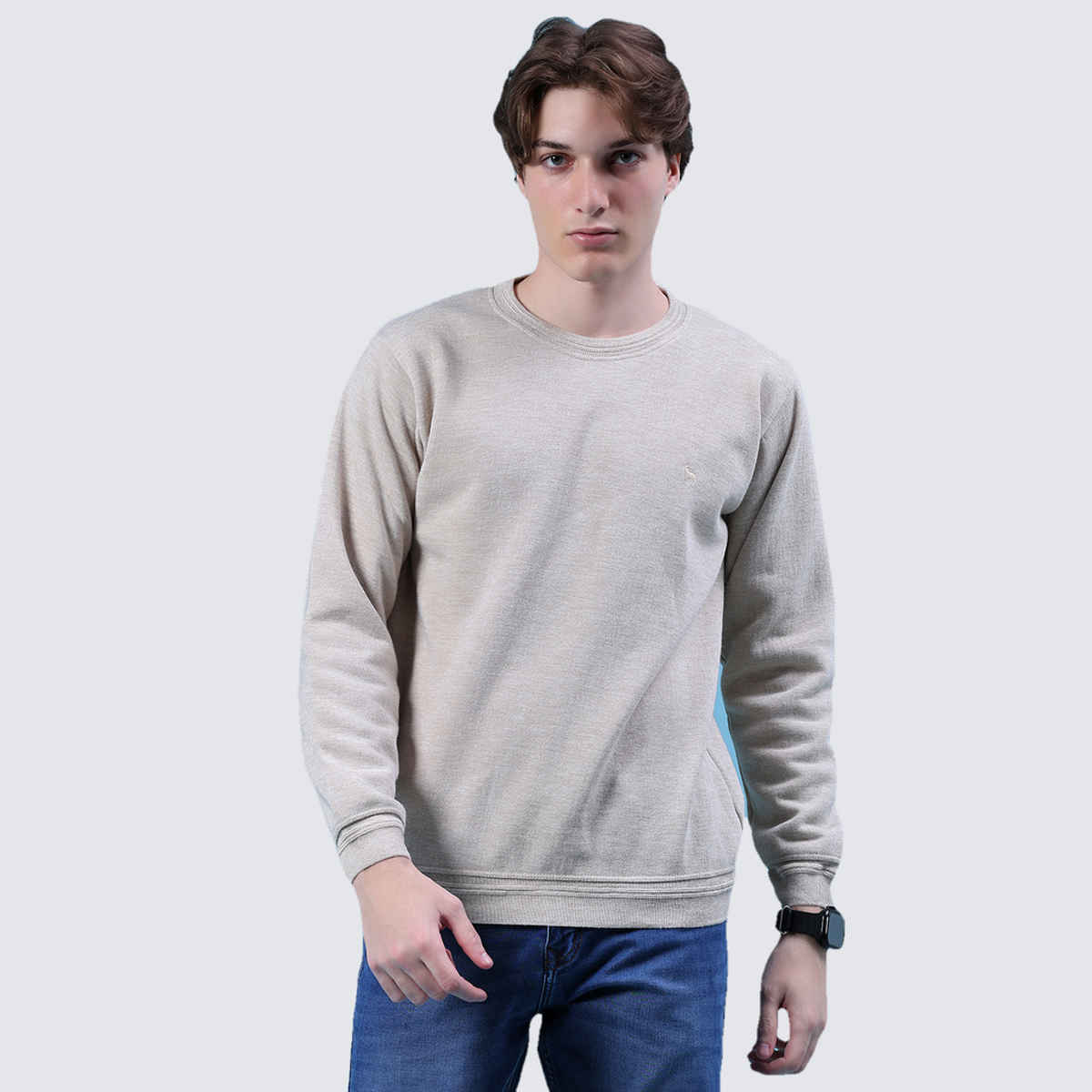 V-Mart Men's Solid Pentium Interlock Round Neck Sweater | Beige - XXL