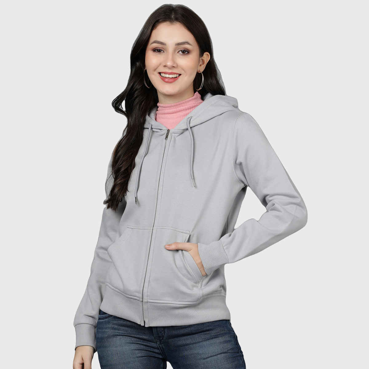 Alan Jones Clothing Women's Solid Zipper Hooded Sweatshirt | Grey - S
