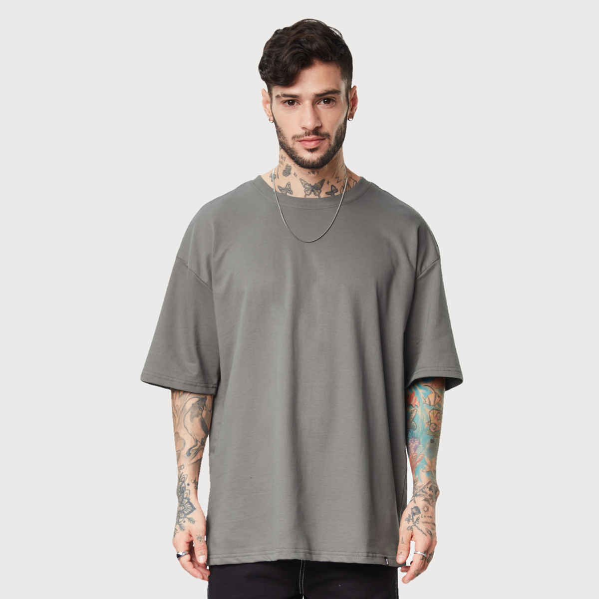 The Souled Store Men's Solids Oversized T-shirt | Smoke Grey - L