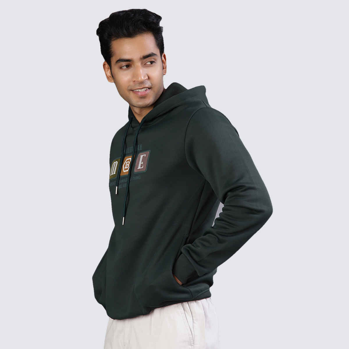 V-Mart Men's Printed Polyester Hooded Neck Sweatshirt | Dark Green - M