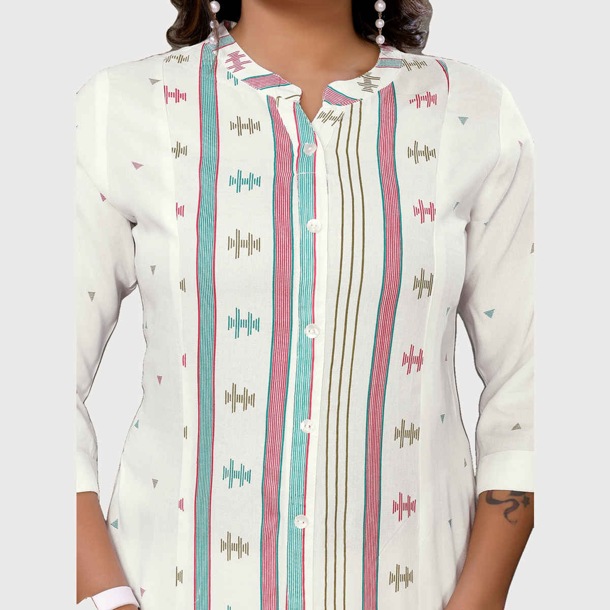 Rangita Women's Off White Rayon Printed Calf Length A-Line Kurta | L