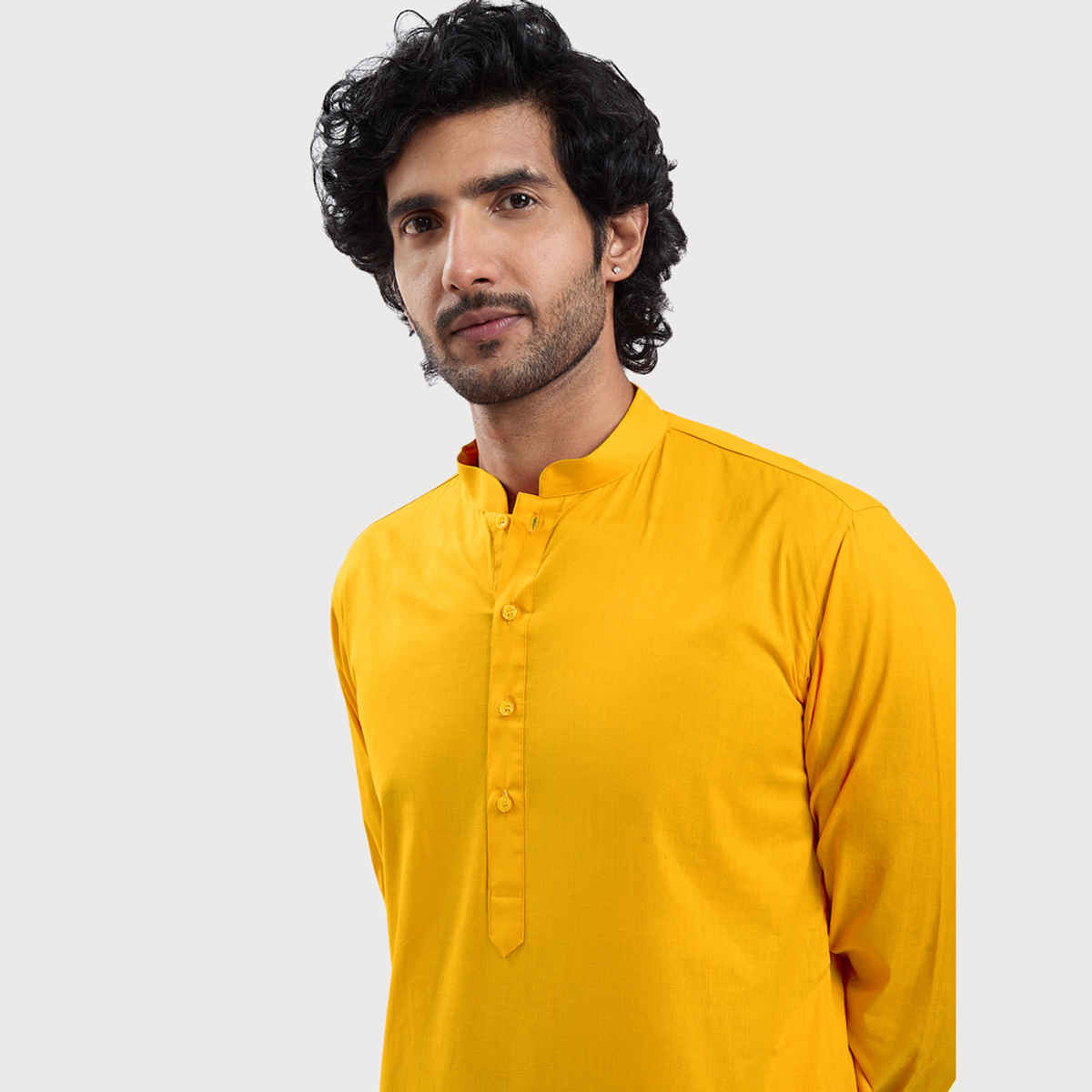 Vastramay Men's Cotton Blend Kurta | Yellow - L