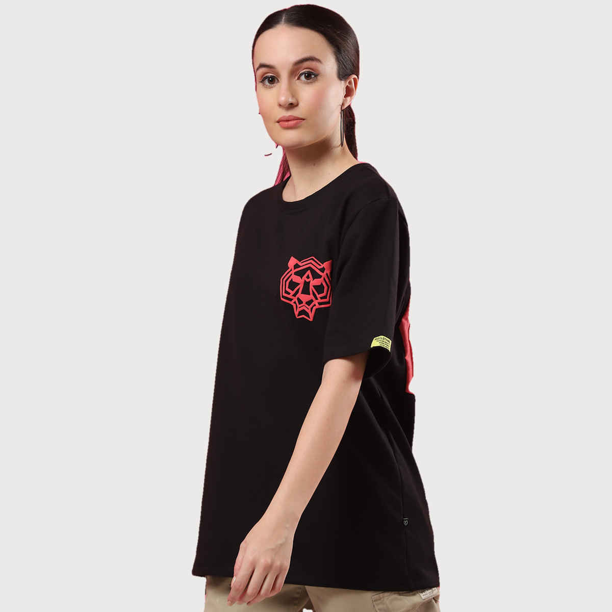 Rigo Women Terry Oversized Back Tiger Printed T-shirt | Black - L