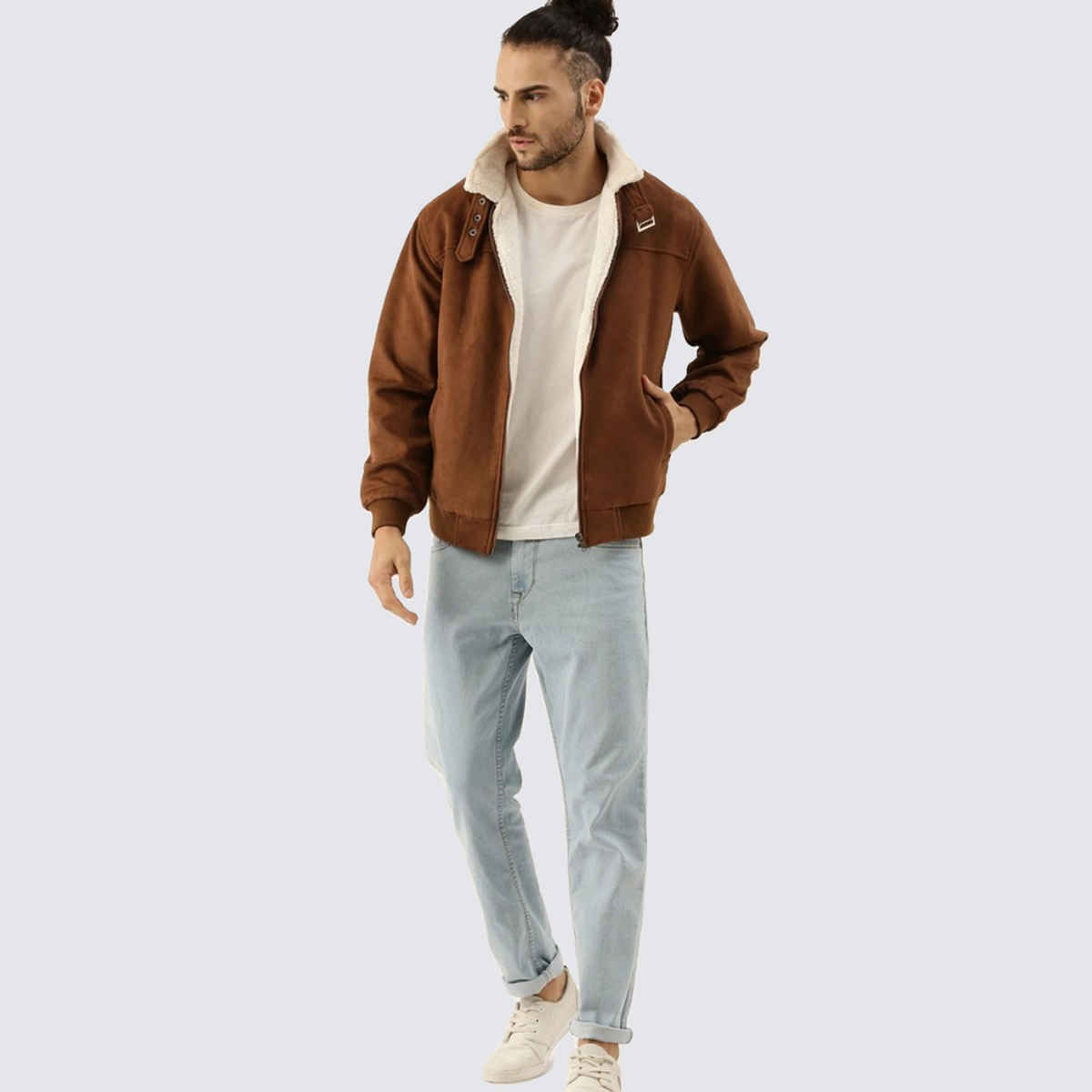 Campus Sutra Men's Zip-Front Jacket With Fleece Detail | Brown - L