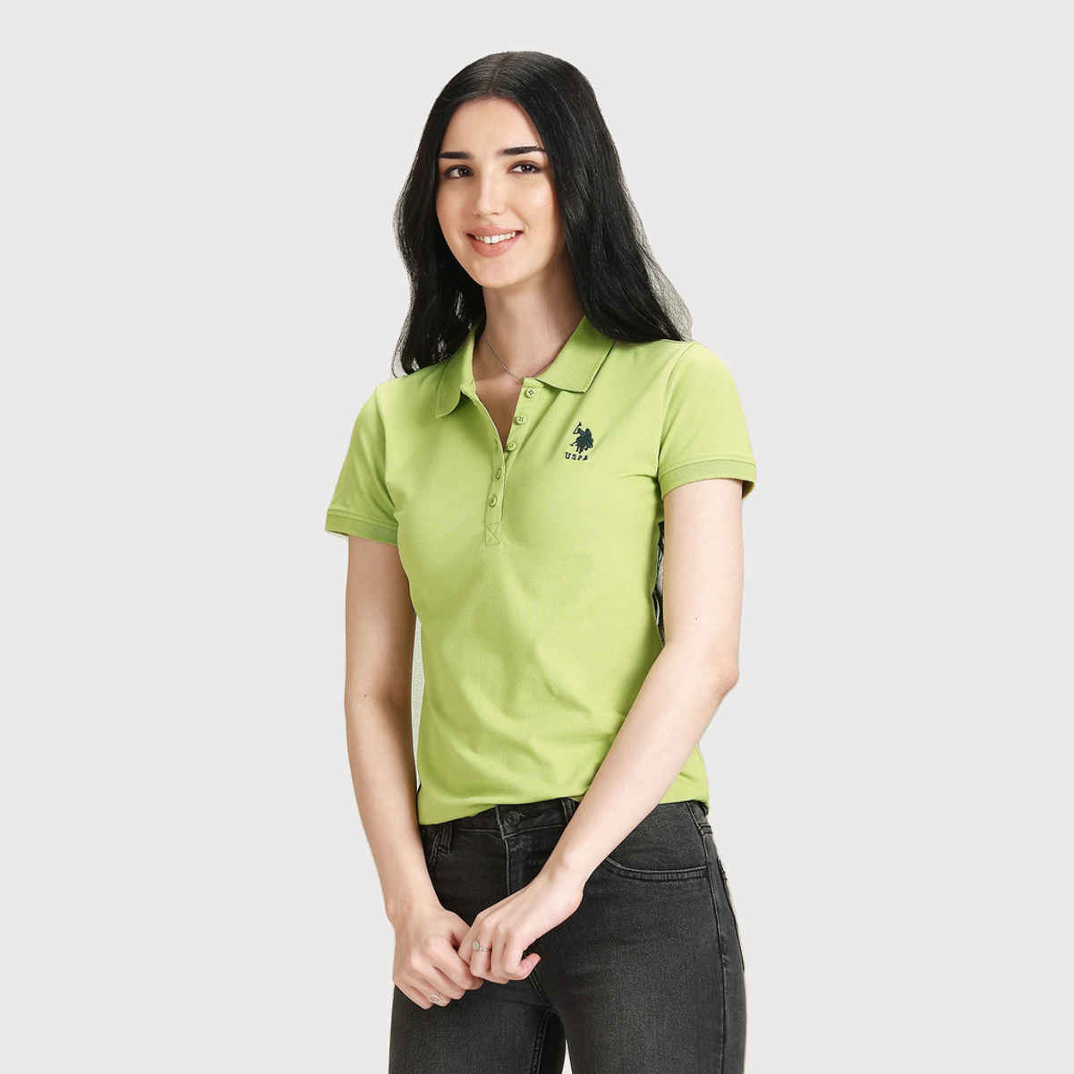 USPA Solid Pique Polo Tshirt For Women Shirt - Light Green - L