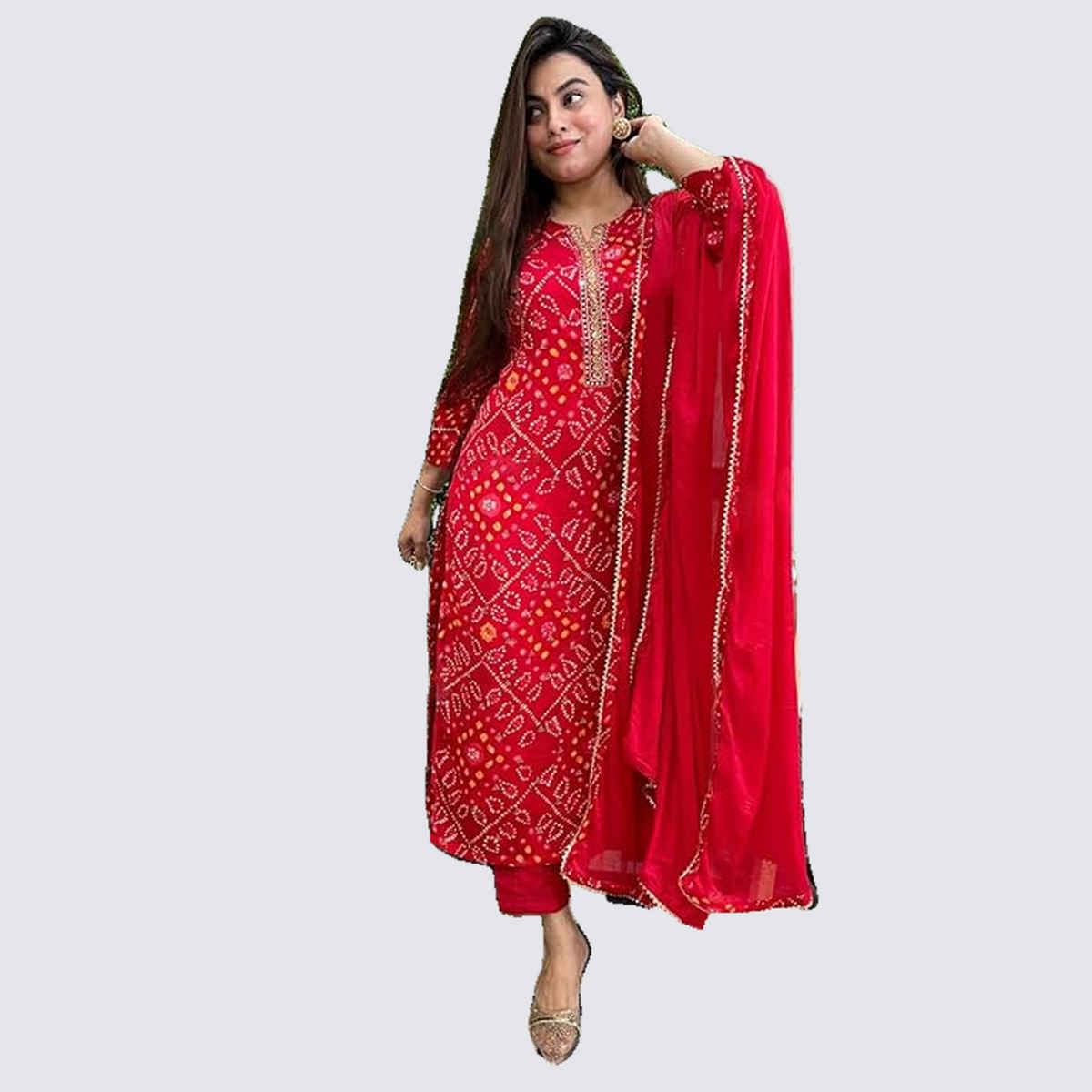 GoSriKi Women's Rayon Blend Straight Printed Kurta with Pant & Dupatta | TURAE | Red - XL