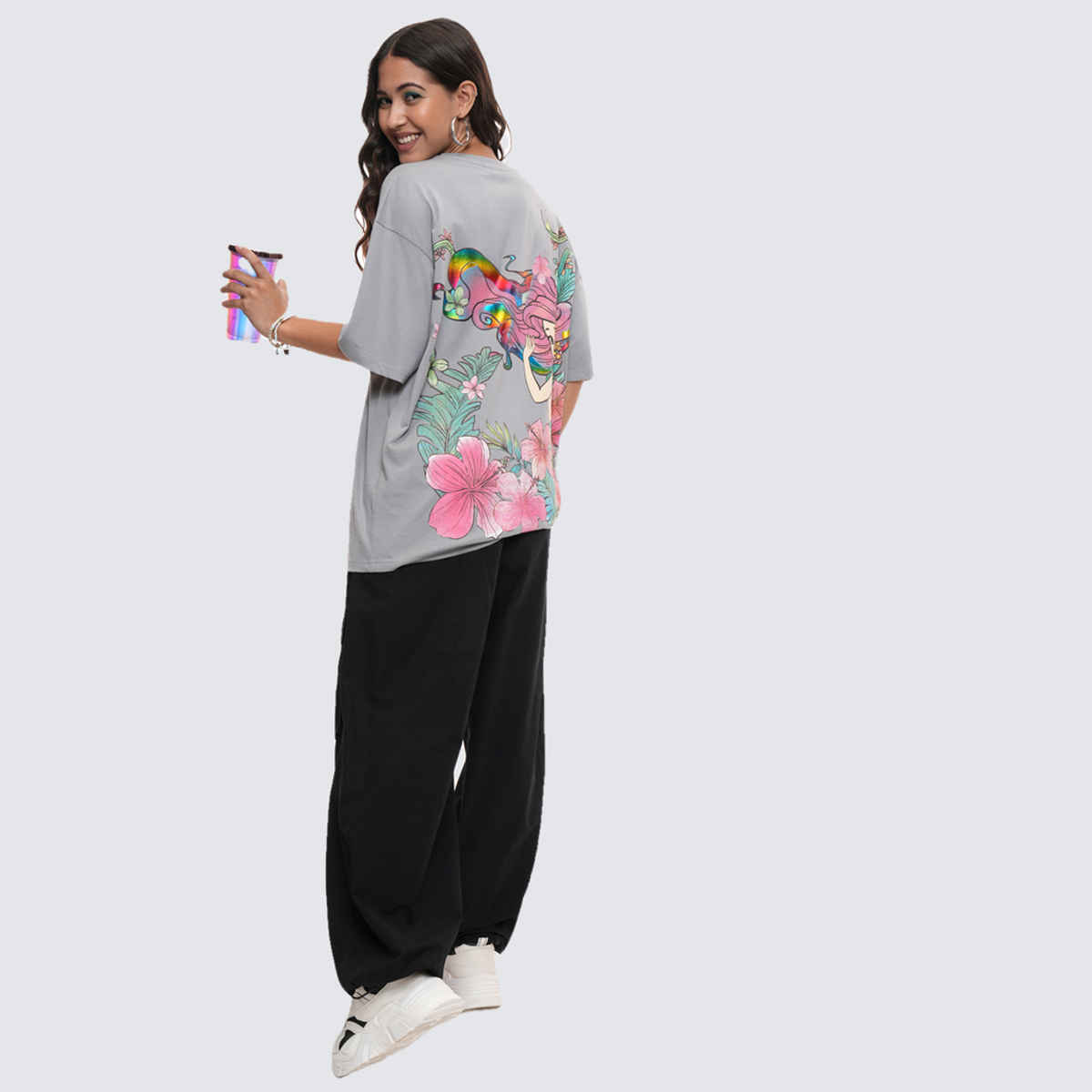 Tokyo Talkies Disney Women's Little Mermaid Glitter Oversized T-shirt | Grey - M