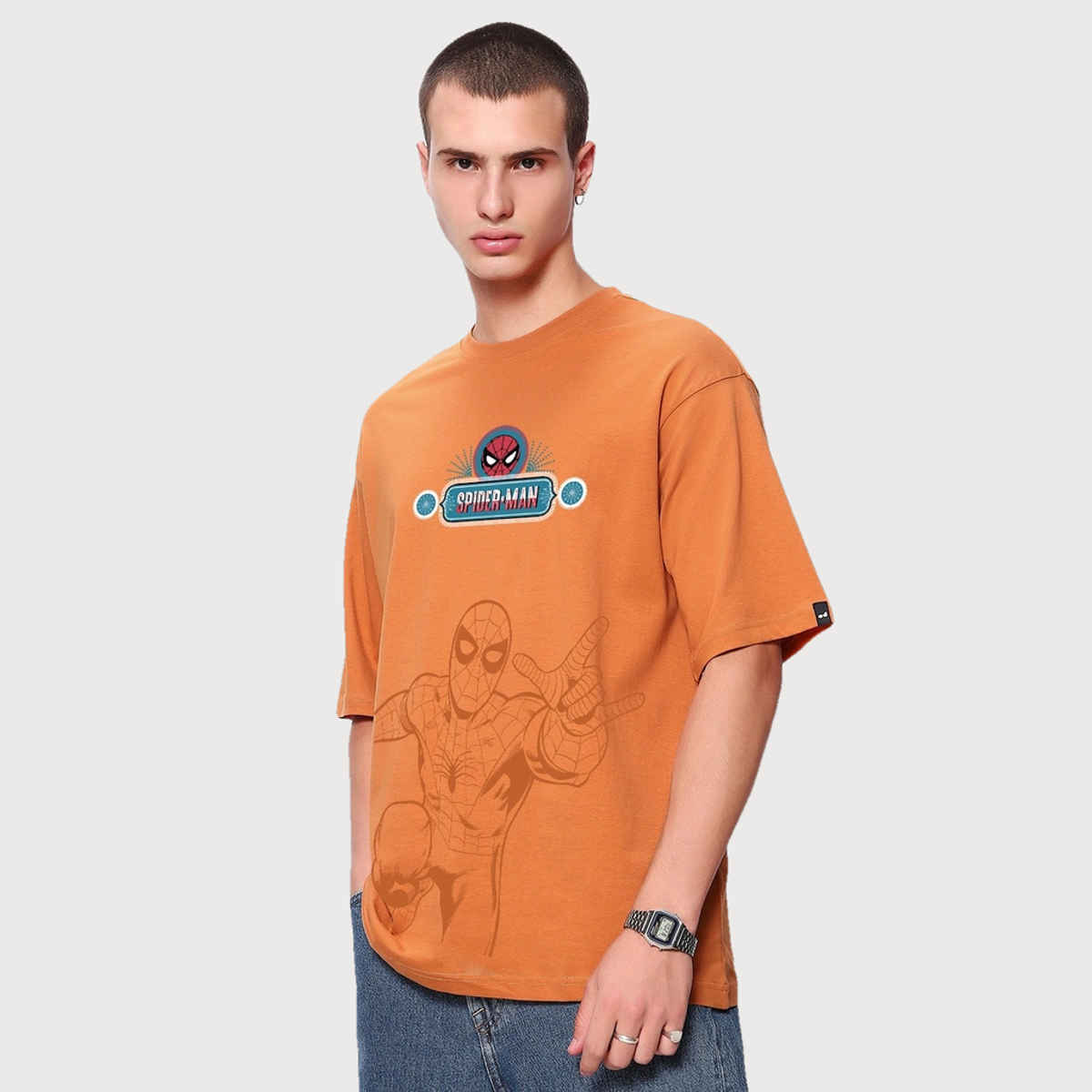 Bewakoof Men's Marvel Spider Truck Graphic Printed Oversized T-shirt | Orange - L