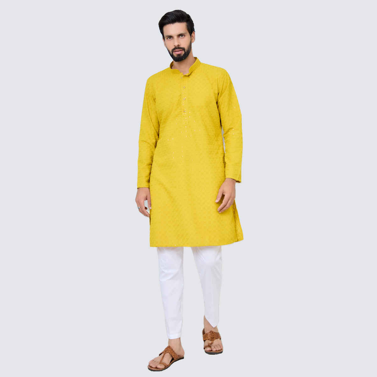 See Designs Men's Embroidered Thread Work Sequinned Rayon Straight Kurta | Yellow - S