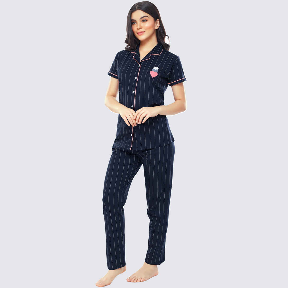 Zeyo Women's Cotton Strip Printed Navy Blue Night Suit Set of Shirt & Pyjama | 5261-XXL