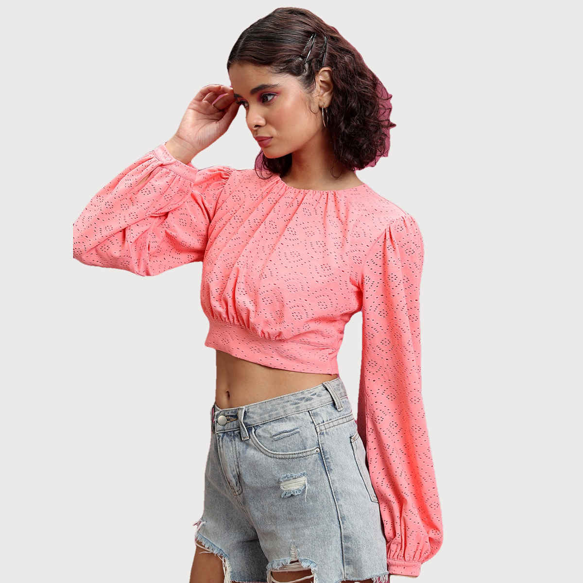 Ketch Women's Self Design Round Neck Bishop Sleeves Blouson Crop Top | Pink - XL