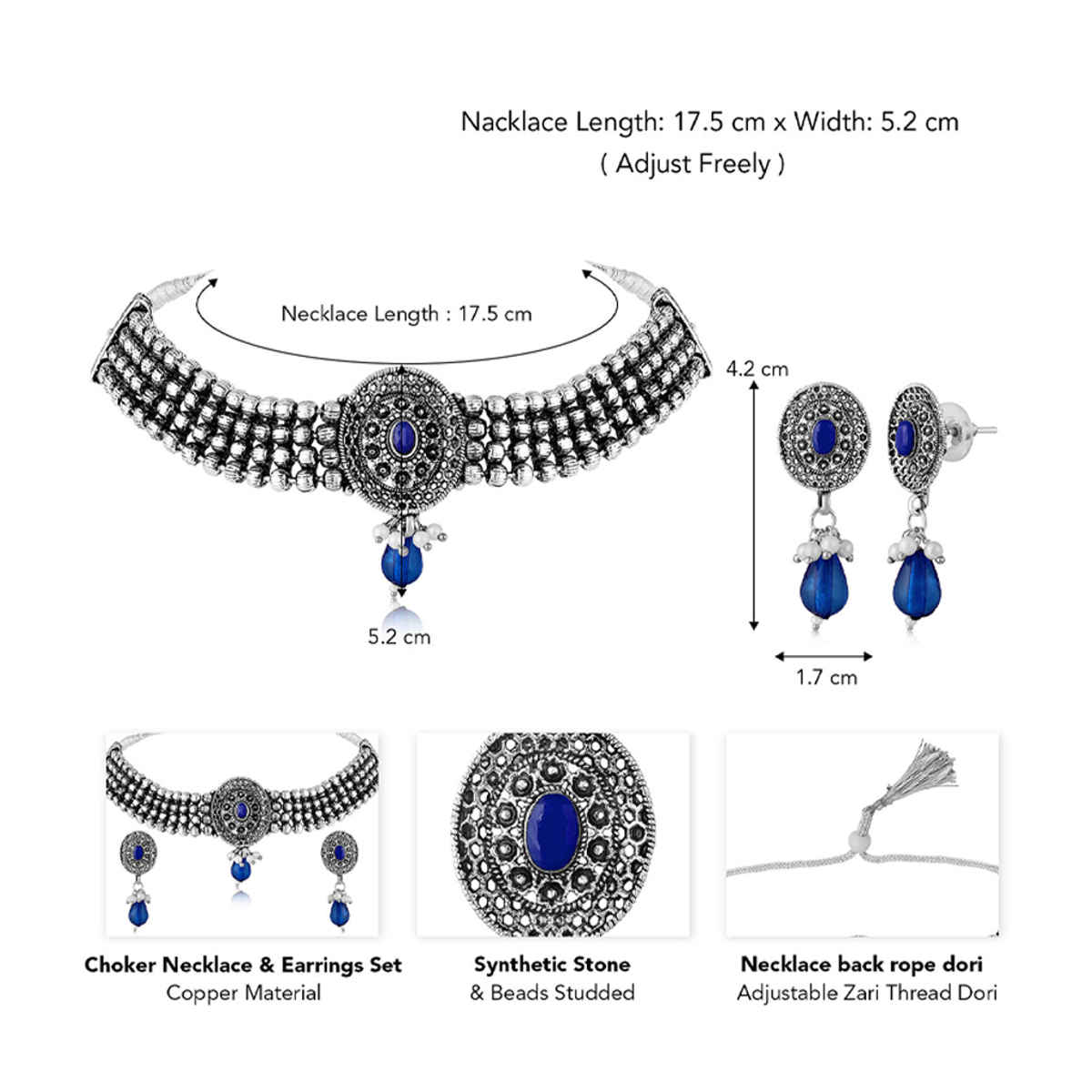 Peora Silver Plated Rhodium Studded Necklace Drop Earrings Set | White & Blue | PF04NK10328RWB