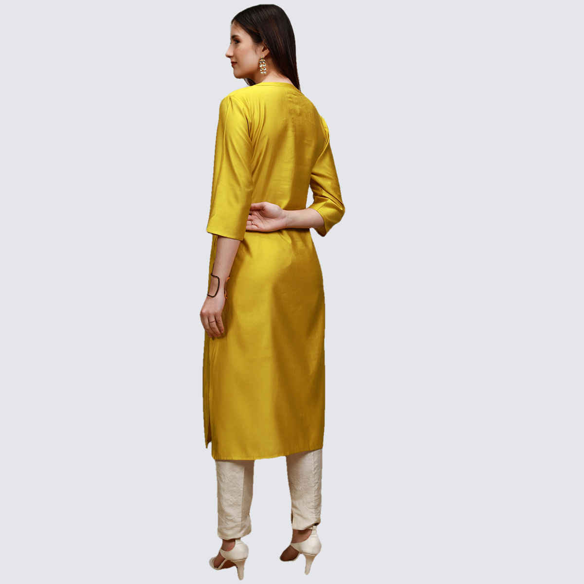 Vishudh Women's Embroidered Straight Kurta | VNKU014376 | Mustard - M