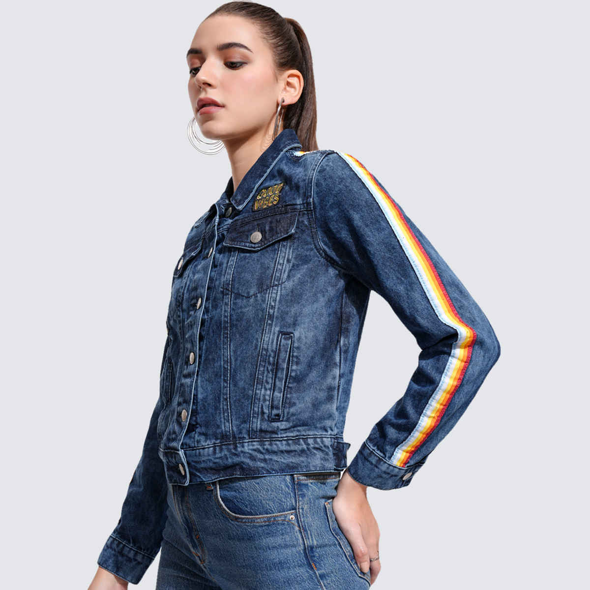 Tokyo Talkies Women's Solid Denim Jacket | Mid Blue - XL