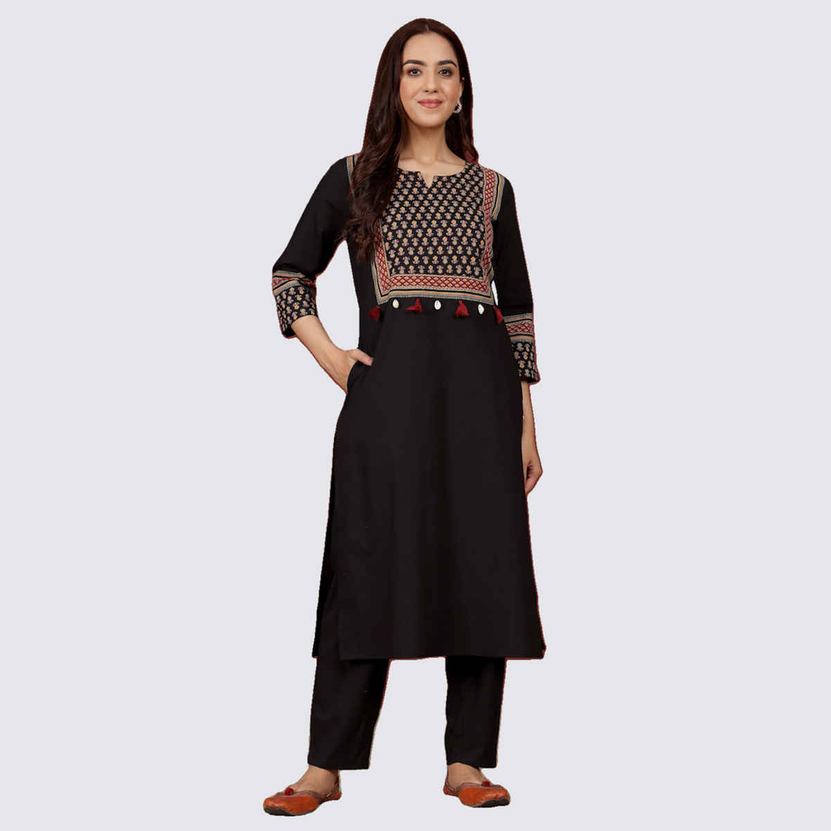Varanga Women's Jaipuri Ethnic Printed Yoke Straight Kurta | Black - XL
