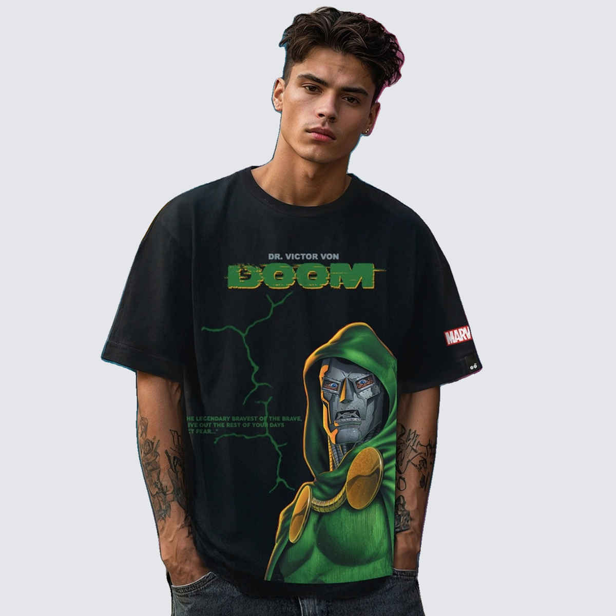 Bewakoof Men's Marvel Merchandise Doom Graphic Printed Oversized T-shirt | Jet Black - M