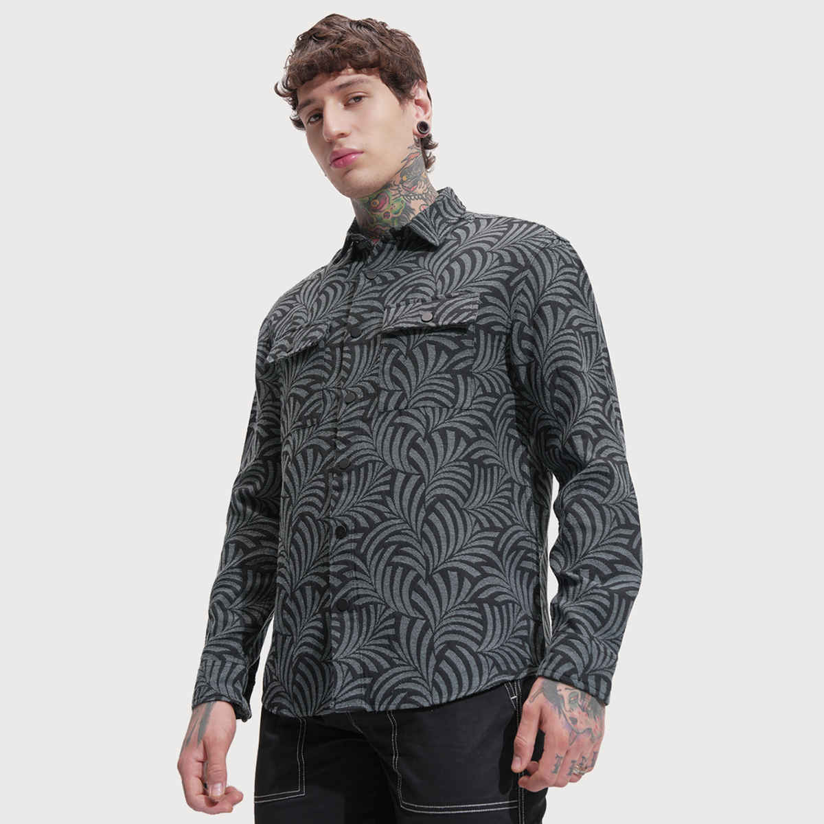 HIGHLANDER Men's Jacquard Textured Relaxed Overshirt | Grey and Black - M