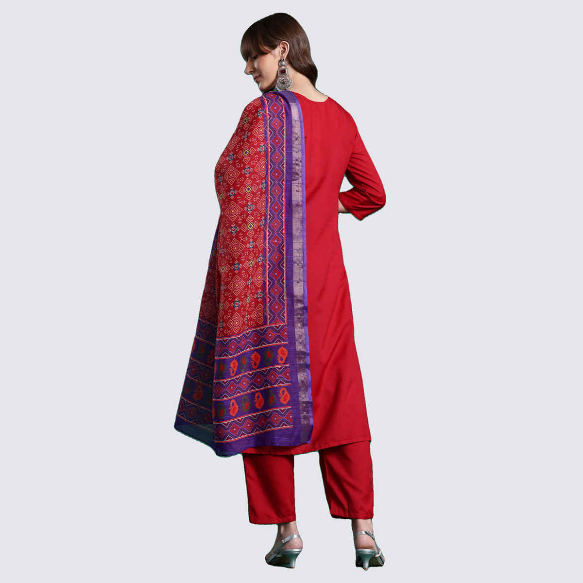 Indo Era Women's Solid Straight Kurta Pant with Dupatta Set | KH9RD10635 | Red - S