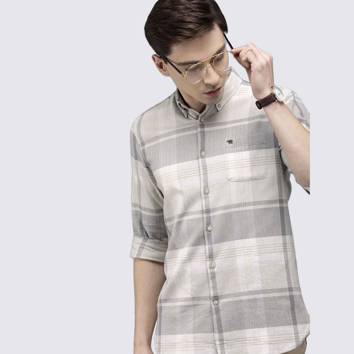 The Bear House Men Slim Cream & Grey Checked Shirt Style-Amber Color -Cream Size -L