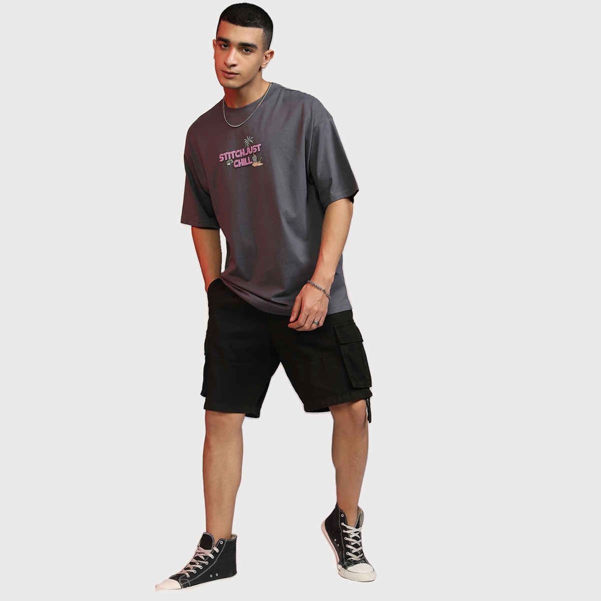 Highlander Men's Disney Stitch Printed Oversized Round Neck T-shirt | Grey - XL