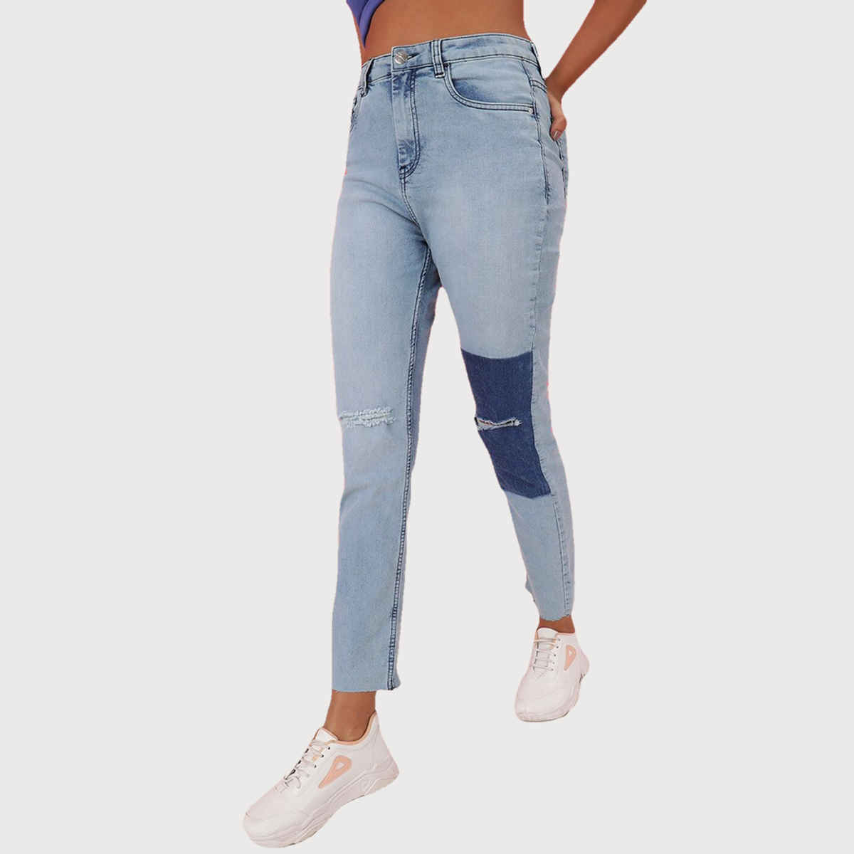 Freehand Women's Colour Block Patch Straight Fit Denim Jeans | Blue - 28