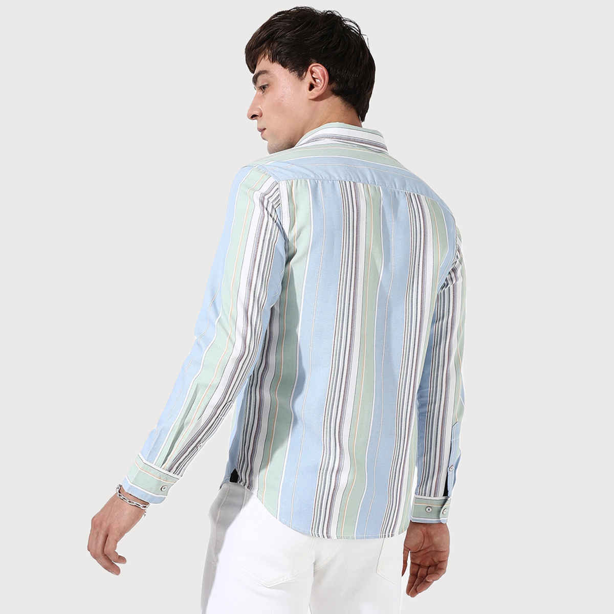 Campus Sutra Men's Striped Cotton Shirt | Light Blue - M