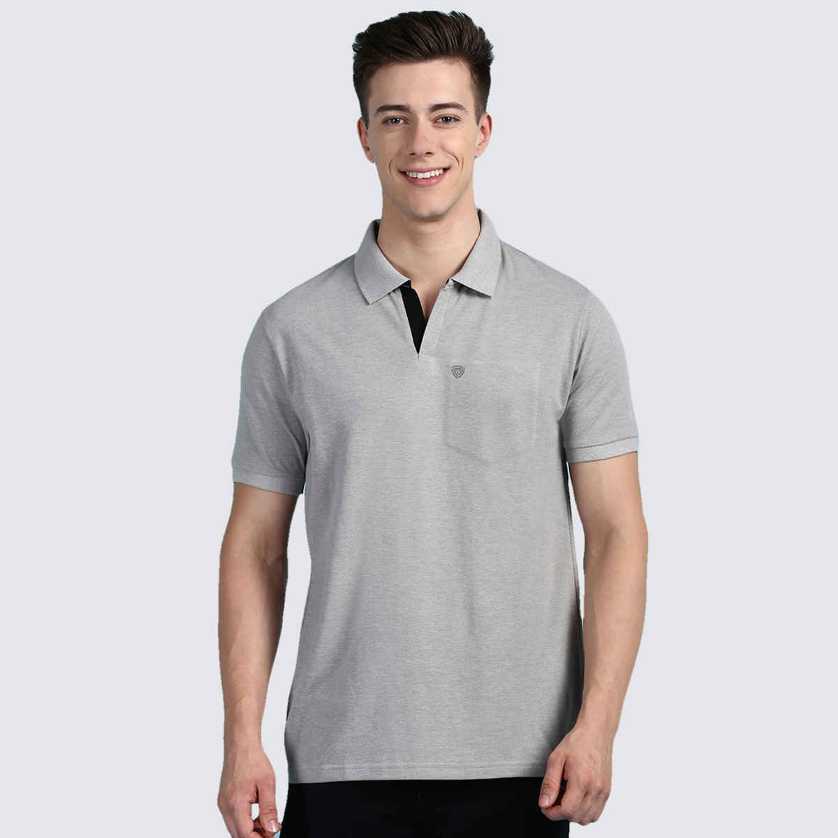 Lux Cozi Men's Solid Cotton Polo T-shirt with Pocket | Grey Melange - M