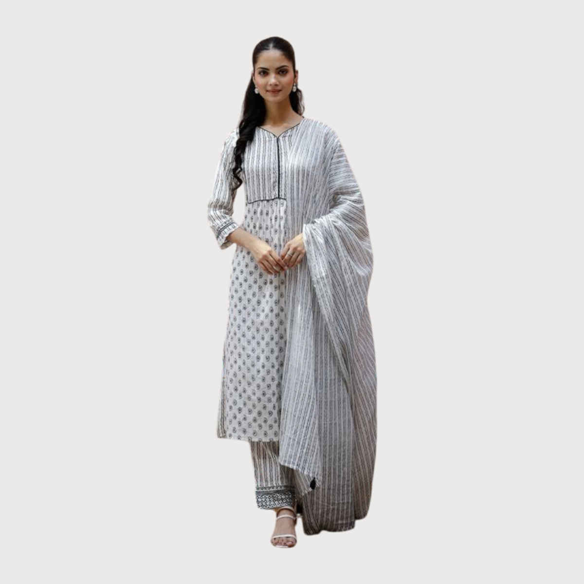 Rangdeep Ethnic Motifs Printed Cotton Straight Kurta, Trousers & Dupatta | Women | White | XL