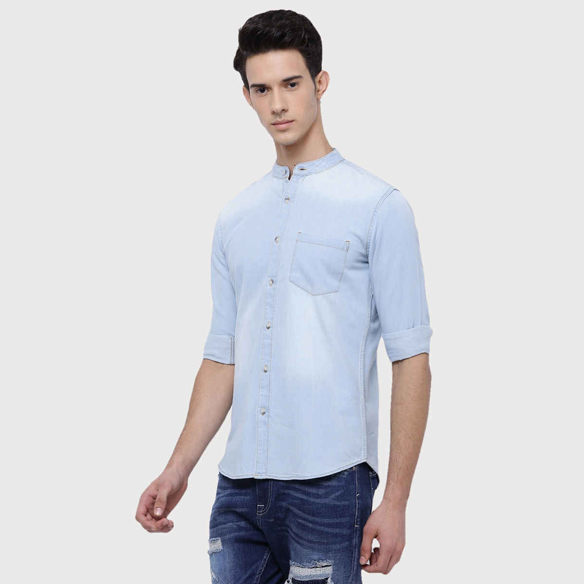Highlander Men's Blue Slim Washed Denim Casual Shirt | Blue | L